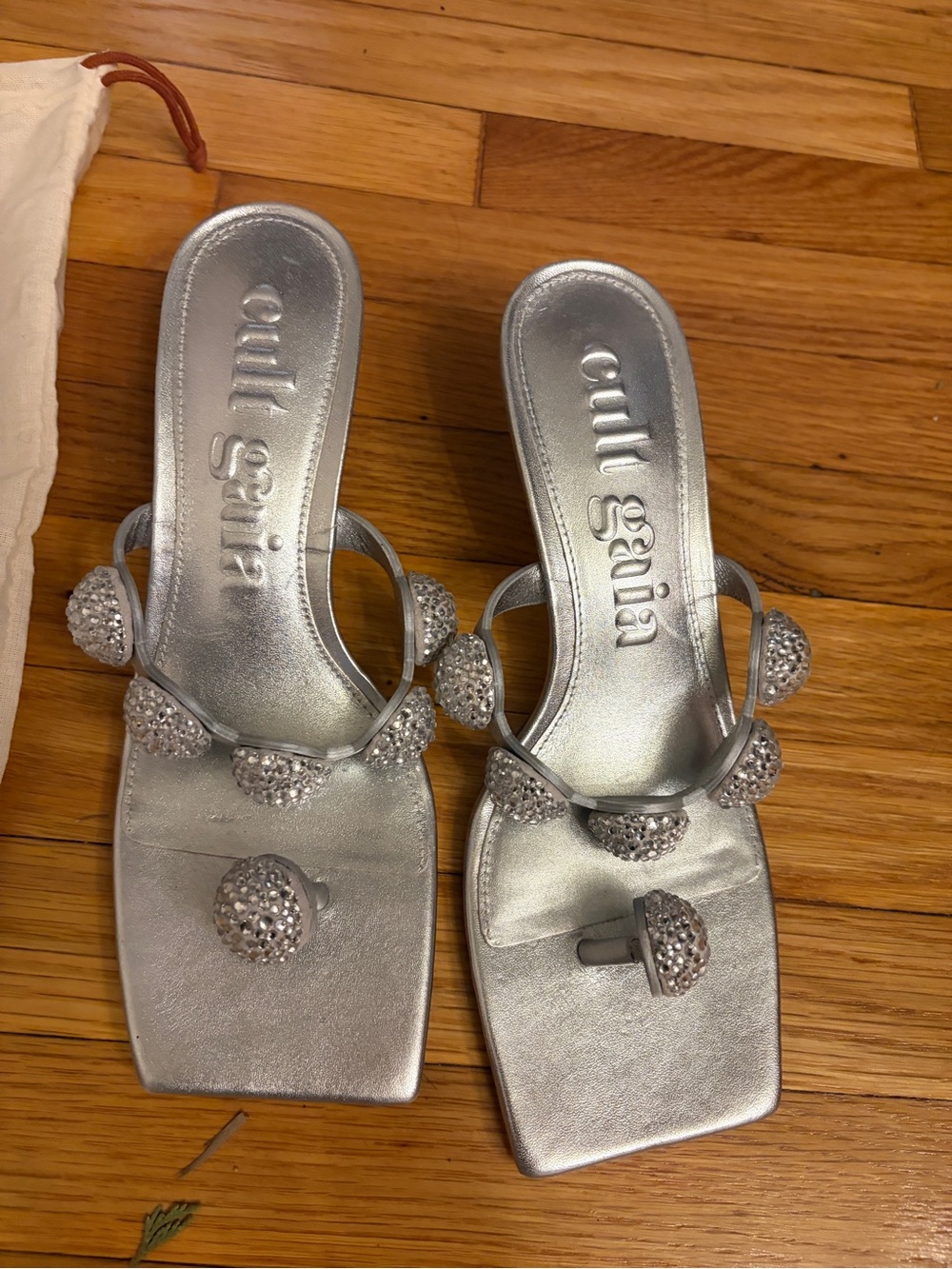 Cult Gaia Silver Crystal Encrusted Sarina Kitten Heel Sandals